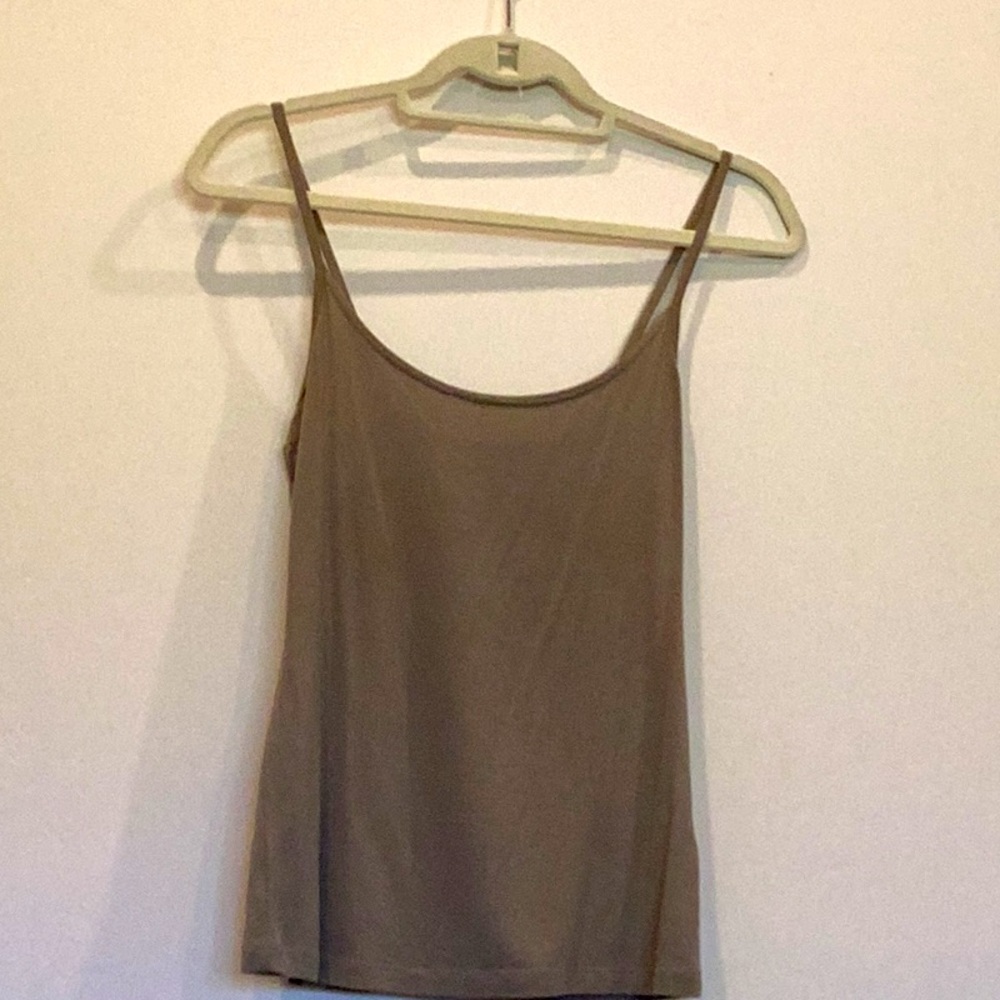 Ronen Chen Lt. Olive Viscose/Spandex spaghetti strap tank.